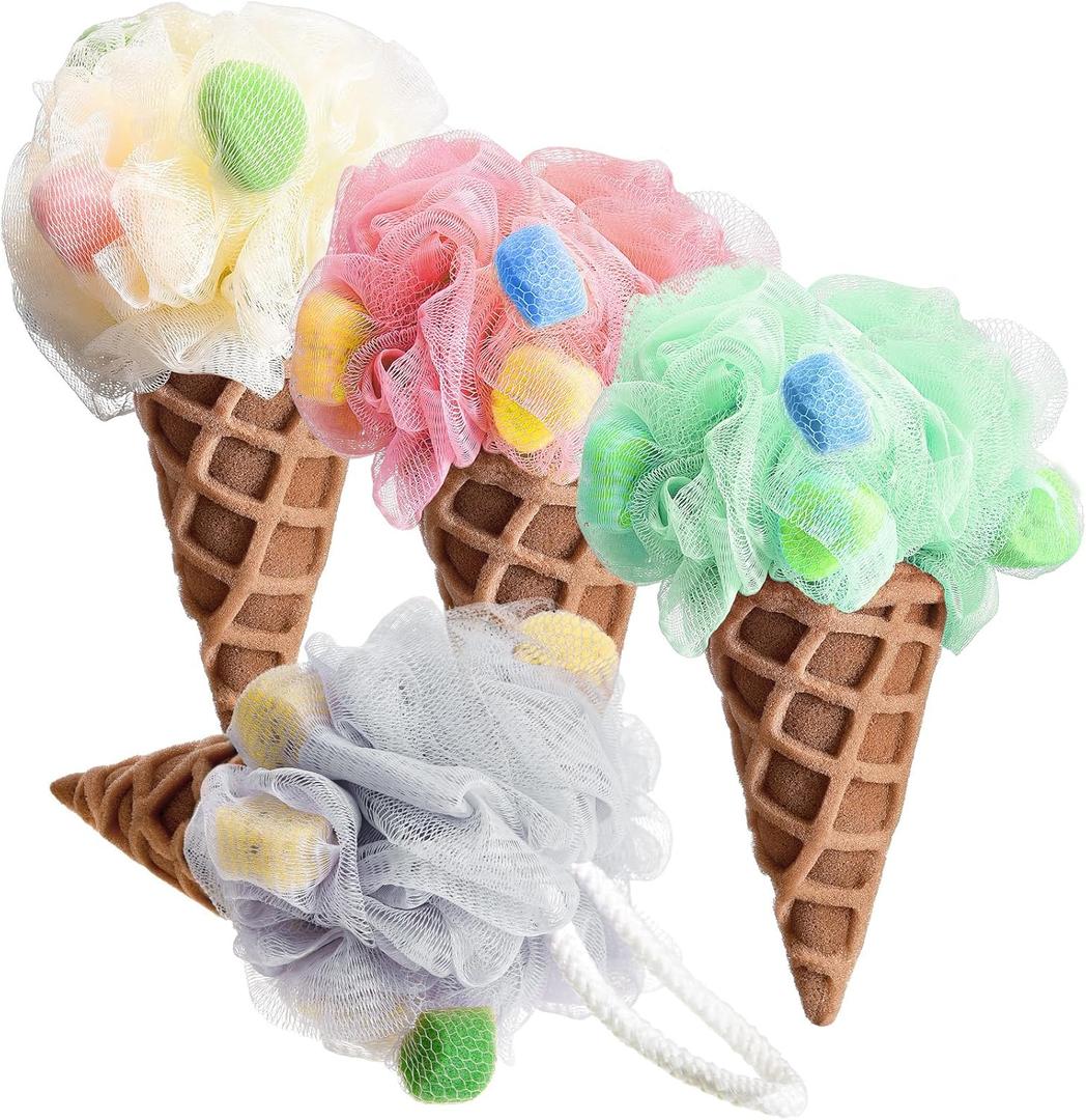 Geiserailie 4 Pieces Kids Loofah Ice Cream Cone Bath Sponge Kids Bath Shower Sponge Body Scrubber Exfoliating Loofah for Spa Shower