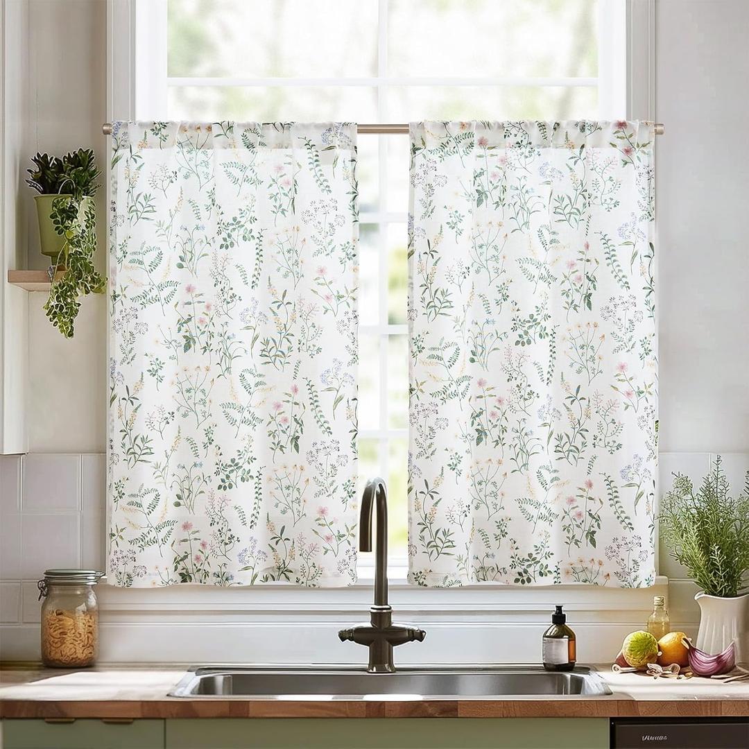 JINCHAN Spring Floral Kitchen Curtains Over Sink Farmhouse Linen Tier Curtains 36 Inch Length Cafe for Living Room Bathroom Botanical Small Drapes Rustic Light Filtering Rod Pocket 2 Panels Sage Green
