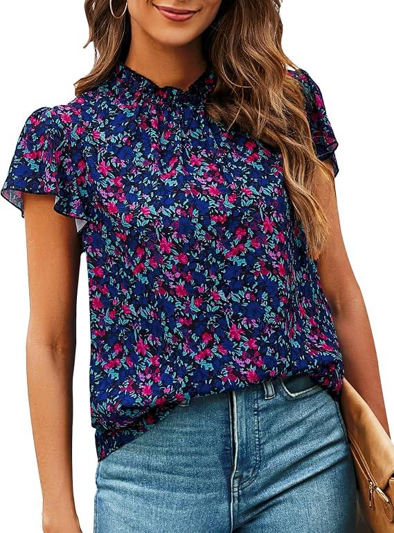 SimpleFun Women Boho Shirts Floral Ruffle Short Sleeve Summer Blouses Tops Bohemian-chic, mock neck, lightweight chiffon, flowy casual fit, business casual work blouse, printed beach vacation clothes M