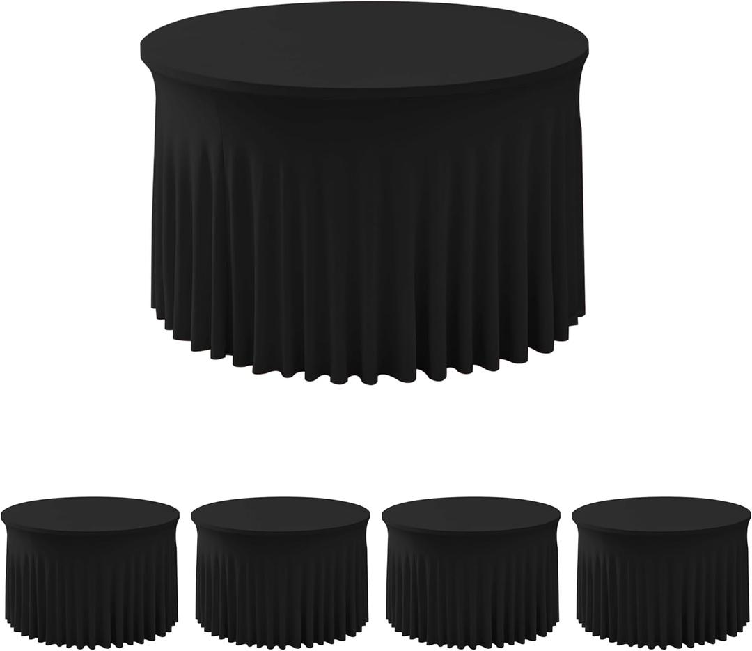 HolidayIdeas 60 Inch Black Spandex Round Table Skirts,Fitted Stretch Tablecloths for Round 5 ft Table, Wrinkle-Free Ruffle Design Tablecloths for Banquets,Trade Shows, Parties, Events, 4 Pcs