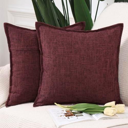 MADIZZ Set of 2 Flanged Linen Throw Pillow Covers 16x16 Inch Burgundy Soft Decorative Cushion Cover for Sofa Bedroom Pillow Shell