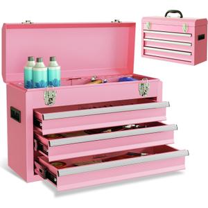 Portable Metal Tool Box, 3 Drawers Lockable Heavy Duty Tool Chest Storage Toolbox with Ball-Bearing Slides and 2 Metal Latches Closure for Garage, Workshop, Repair Shop (Pink)