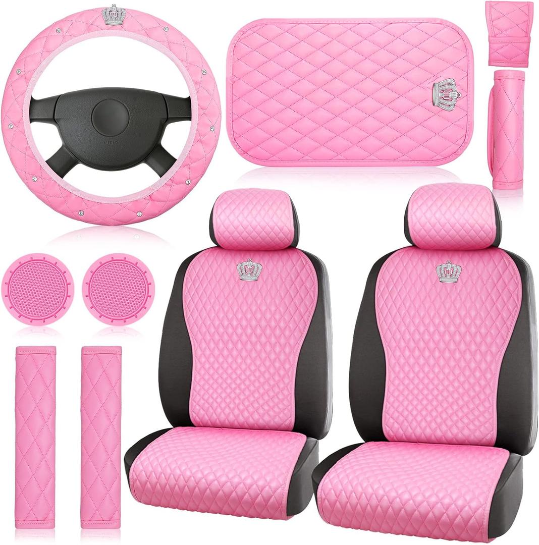 Tallew 14 Pcs Pink Car Accessories Set Leather Diamond Seat Cover Steering Wheel Cover with Center Console Pad Cup Holders Gear Protection for Women Car Interior Decor(Front Set)
