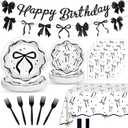 Black Bow Birthday Decorations Elegant Coquette Party Supplies Black White Bow Banner Garland Plates and Napkins Tablecloth Set Serve 24 for Women Girls