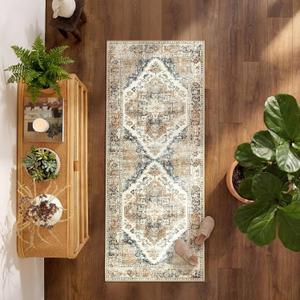 jinchan 2x5 Runner Rug Washable Vintage Rug Runners for Hallway Thin Retro Lightweight Indoor Non-Slip Throw Runner for Entryway Kitchen Laundry Bathroom Bedroom Taupe Blue