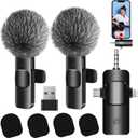 4 in 1 Wireless Lavalier Microphone for iPhone/USB C Android/Camera/Laptop PC,Mini Microphone 2.4G Ultra-Low Delay with Noise Reduction Cordless Lapel Mics for Video Recording, Vlog, YouTube, TikTok