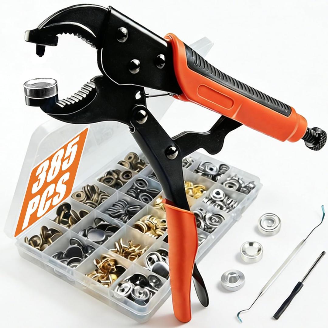 385 PCS Snap Fastener Tool Kit with Snap Buttons for Fabric, Boat Cover, Canvas tarp, Leather, Clothing, Heavy Duty Snap Setter Tool，Metal Snap Buttons with Fastener Pliers kit, 100 Sets 4 Color