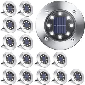 LYHOPE Solar Ground Lights Outdoor, 16 Pack 8 LED Solar Disk Lights Waterproof Garden In-ground Pathway Light Landscape Lighting for Lawn,Yard,Deck,Patio,Walkway (White)