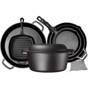 Bruntmor Pre-Seasoned Cast Iron Cookware Set - 7-Piece Bundle with Skillets, Grill Pan, Dutch Oven, Pizza Pan, and Utensils - Durable Pots and Pans Set for Cooking - Ideal Gift for Home or Camping