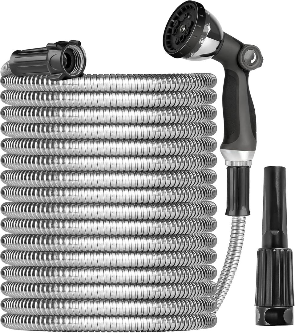 Metal Garden Hose Water Hose 100ft Heavy Duty Stainless Steel Water Pipe with Sprayer & Nozzle Flexible Lightweight Hose No Kink Pet Proof Hose for Yard, Outdoors, Rv