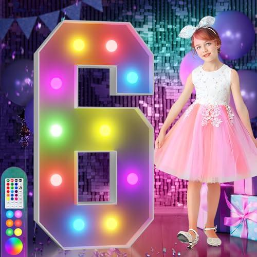 imprsv 4FT Colorful Marquee Numbers,18 Colors with Remote, Light Up Numbers 6 for 16th 60th Birthday Decorations Anniversary Party Decor, Pre-Cut Foam Board Kit, Mosaic Sign for Balloon