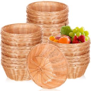 Amyhill 30 Pack Small Bread Baskets Bulk Plastic Round Baskets 7.1 Inch Wicker Bread Woven Basket Fruit Chip Storage for Food, Table, Kitchen, Restaurant, Centerpiece, Gift Basket for Mom