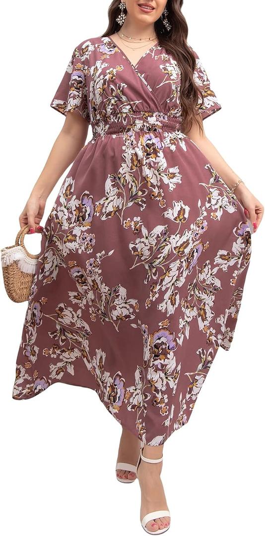 MakeMeChic Women's Plus Size Boho Floral Maxi Dress Curvy Short Sleeve Shirred Squared Neck Flomal Long Dress (XX-Large Plus)