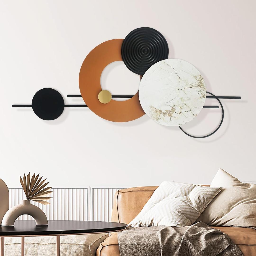 BECHAEO 3D Large Metal Wall Art Decor for Living Room 40"x19" Round Wall Accents Modern Luxury Wall Sculptures Hanging Wall Deco for Dining Room Bedroom Entryway Office Outdoor (Retro Circle)