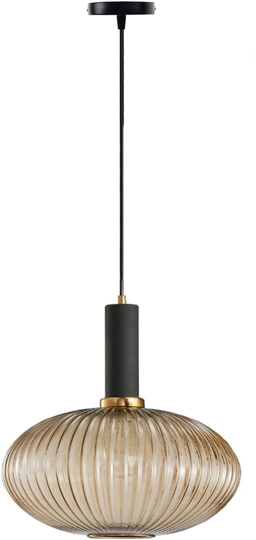 Pendant Light Black Lamp Holder and Glass Striped Light Shade Modern Pendant Lighting for Kitchen Island Farmhouse Hanging Lights Fixtures (L, Amber)