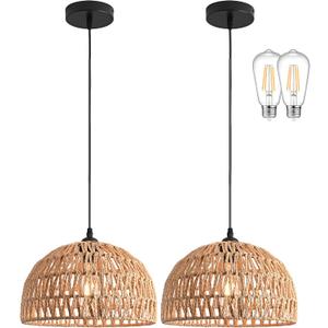 2 Pack Hemp Rope Woven Pendant Light Woven Light Fixture Boho Chandelier Light Fixture Wicker Pendant Lights Rattan Dome Wicker Chandelier for Dining Room Kitchen Island (Bulb Incl., 12.2 inches