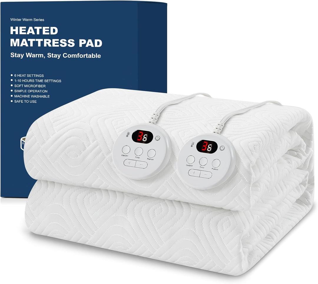 Heated Mattress Pad Queen Size - Embossed Electric Mattress Pad Cover Dual Control - 1-10 Hours Auto Shut Off with Deep Pocket White