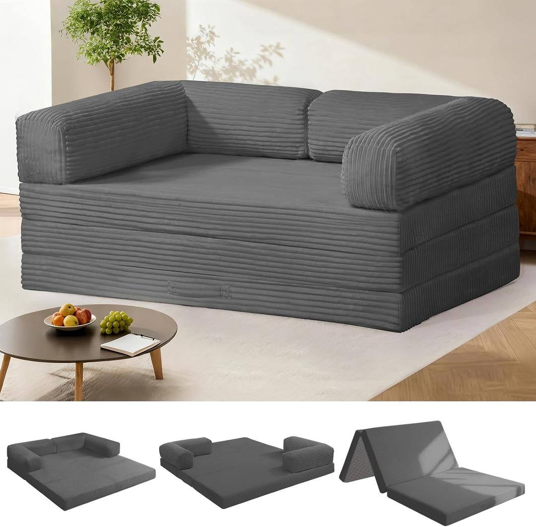 Tri-Fold Foldable Mattress, Convertible Folding Sofa Bed with Removable Arms & Washable Cover, All-in-One Portable Mattress Floor Sofa Bed, No Assembly Required & Non-Slip, Queen Size, Grey