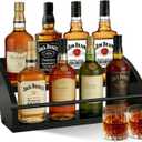 Wooden Liquor Bottle Display Shelf, Coffee Syrup Rack Organizer, 2 - Step Countertop Wine Rack, Rustic Mini Bar Cabinet, Home Retro Bar Shelf Stand for Liquor Whiskey, Spirits (Black)