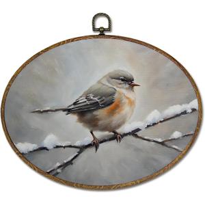 LKETW Winter Bird Oval Wall Art Decor, Rustic Winter Oval Canvas Hanging Decor, Snowy Cottagecore Farmhouse Bird Wall Decorations for Home Bedroom Living Room, 8.6x11.4 Inch (Christmas Winter brid)
