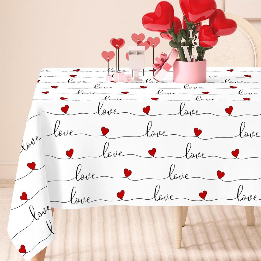 Valentine Rectangle Tablecloth Love Hearts Fabric Table Cloth Washable Table Cover for Wedding Anniversary, 60 x 104 Inch