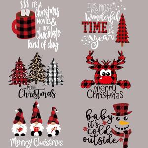 6 Sheets Christmas Iron on Transfers for Tshirts, Christmas DTF Transfers Ready to Press Black Red Plaid Heat Transfer for Clothes Bag Pillow Hat DIY Decorations