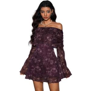 Verdusa Women's 70s Vintage Floral Off The Shoulder Dress Foldover Long Sleeve Bodycon Mini Dress (Large, Purple)
