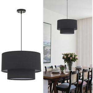 VILUXY Modern Black Chandelier Fabric Pendant Light Fixture Double Drum Shade Hanging Ceiling Chandelier 3 Lights Round Linen for Bedroom Dining Room Living Room Foyer