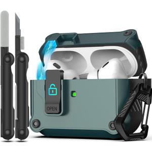 RFUNGUANGO AirPods Pro Case Cover with Secure Lock Clip, Automatic Pop-up, Full-Body Shockproof Hard Protective Cover for AirPods Pro 2/1/Gen - Pine Needle Green