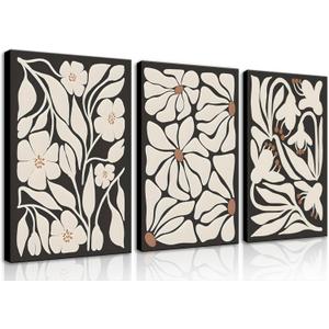 QGNBGBJ Framed Black Boho Flowers Plant Wall Art Abstract Botanical Flower Canvas Poster Vintage Bohemian Neutral Floral Prints Wall Decor Trendy Black Beige Floral Set for Girl Bedroom(12x16in)