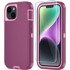 Phone Case for iPhone 14 Plus Case with HD Screen Protector, Heavy Duty Shockproof & DustProof & Dropproof 3-Layer Cover Phone Case for iPhone 14 Plus (6.7'')(WineRedPink)