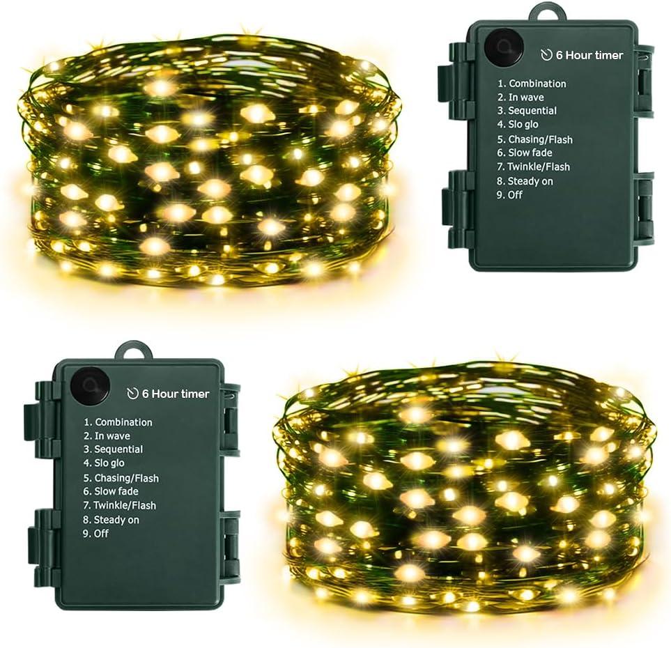 KOUQIYA Christmas Fairy Lights 2 Pack, 18ft 50 LEDs Battery Starry Light with Timer 8 Modes Waterproof Tree Lights for Outdoor Indoor Xmas Garden Party Decor (Warm White, 50 LEDs x 2 Pack)