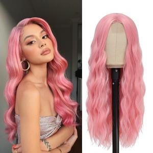 Pink Wig - Long Pink Wavy Wigs for Women Middle Part Pastel Pink 26 inch Natural Curly Synthetic Wig Heat Resistant Fiber Wigs for Daily Party Use