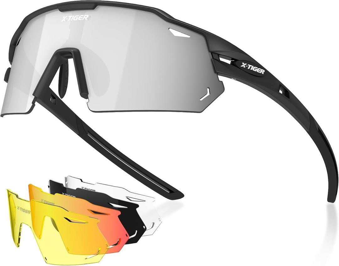 X-TIGER Polarized Cycling Glasses with 5 Interchangeable Lenses,MTB Biking Baseball Running Sports Sunglasses for Men Women (#1 Black)