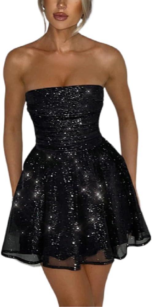 AIBEARTY Women's Sexy Glitter Off Shoulder Mini Dress Shiny Strapless Pleated A Line Dress for Party Club, Small