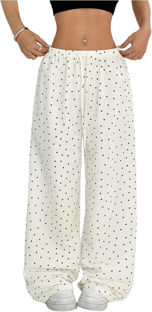 Floerns Women's Drawstring Waist Leopard Print Trousers Tie Front Wide Leg Pants (Large, White)