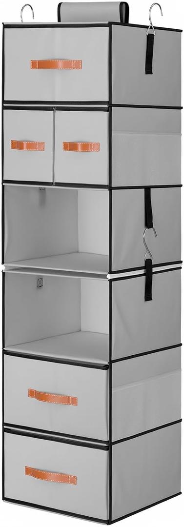 Hanging Closet Organizer 6-Shelf, Upgrade Hanging Shelves for Closet with 5 Removable Drawers & Side Pockets, Hanging Shelf Organizer for Bedroom or Garment Rack, 12.6'' x 12.6'' x 44.1'', Gray