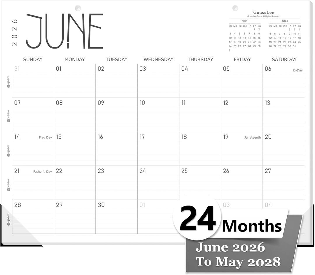 GuassLee Large Wall Calendar 2026-2028, 24-Month 22" x 17" Wall Calendar from Jun. 2026 to May. 2028, Large Desktop Hanging Monthly Planner with Thick Paper, Ruled Blocks for Home School Office