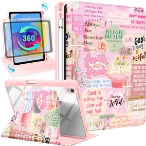 for iPad A16 Case for iPad 10th Generation Case 10.9 inch - 360 Degree Rotating Stand Folio Smart Cover with Pencil Holder for Women Girl, Christian Words for Apple Tablet 10th 2022/11th 2025