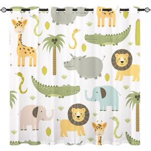 Animal Curtains W52 x L84 Inch Grommet Thermal Insulated Blackout Window Drapes Safari Hippo Crocodile Lion Elephant Giraffe Woodland Zoo Pattern for Kids Boys Girls Nursery Bedroom 2 Panels (Multi 1)