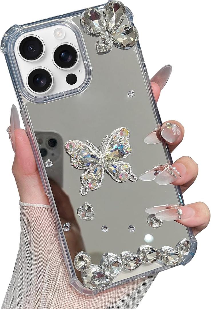 for iPhone16 Pro Bling Butterfly Women Girly Dimond Rhinestone Glitter Sparkly Cute Women Girly Mirror Shockproof Slim Protective Drop Protection Phone Cases