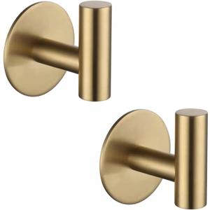 Self Adhesive Hooks 304 Stainless Steel Heavy Duty Hangers Without Nails for Bathrooms Kitchen Livingroom Garage Hotel Waterproof Towel Hook-2 Pack (Gold) (Gold-2pcs)