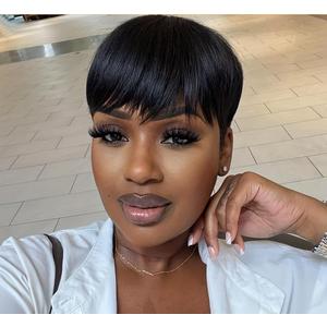 Pixie Cut Wig for Black Women Human Hair Short Human Hair Wigs Mommy Hair None Lace Front Wig 180% Density Short Layered Wigs with Bangs for Daily Wear Natural Color (1B)