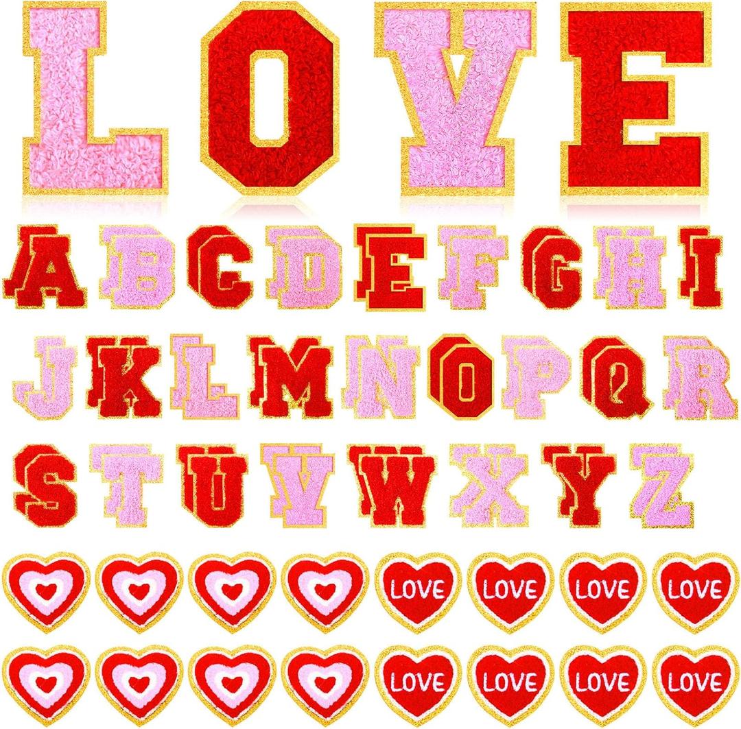 Knitgrip 62 Pcs Valentines Day Patches Chenille Red Heart Shape Iron on Patches Self Adhesive Letters Sew Embroidered Applique for Clothing, Jackets, Handmade Applique Emblem Accessory