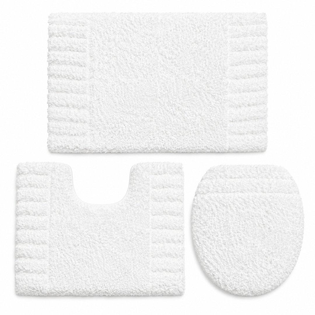 White Shaggy Bathroom Rug Set, Soft Fluffy Bath Mats with Toilet Contour Rug, Non-Slip Chenille Bathroom Carpet Set