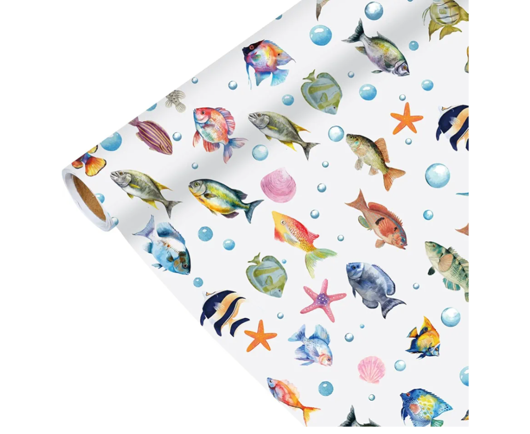 Pineraap Fish Wrapping Paper Roll - Watercolor Colorful Ocean Theme Gift Wrap for Beach Parties, Birthdays, Baby Showers, 17Inch x16.4Feet