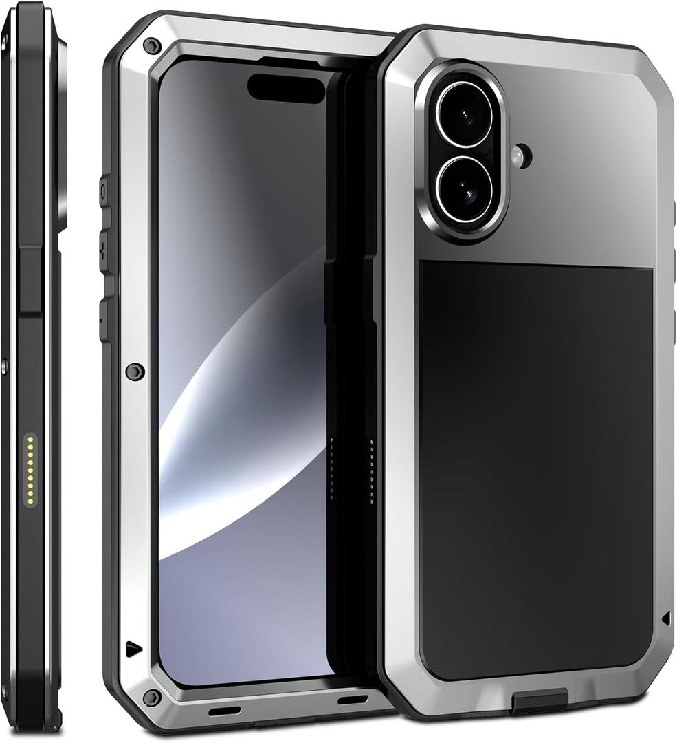 Compatiable with iPhone 17 Case,360 Full Body Protective Cover Heavy Duty Shockproof [Tough Armour] Aluminum Alloy Metal Case with Silicone Built-in Screen Protector - Silver