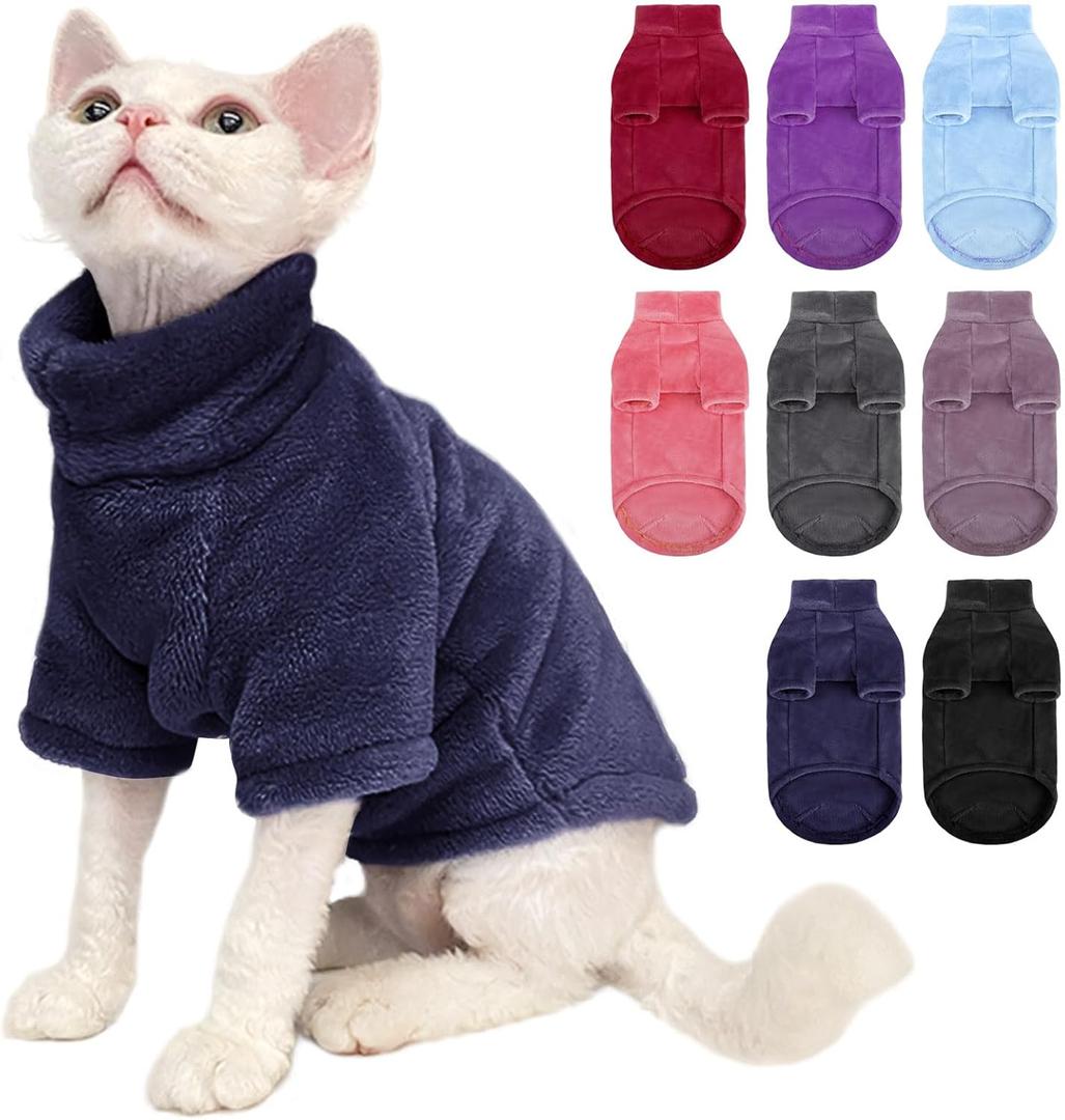 SUNFURA Turtleneck Sweater Coat for Cat, Sphynx Clothes Pajamas for Cats Only, Kitten Fleece Pullover Sweaters with Sleeves, Pet Warm Jumpsuit Sweatshirt for Cold Weather, Navy Blue, M