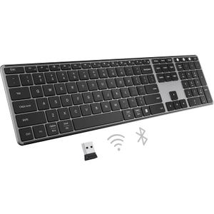 AUSDOM 2.4G Wireless Bluetooth Keyboard Full Size, Quiet Slim Multi-Device Rechargeable Cordless QWERTY Keyboard with Number Pad, Low Profile Silent Flat Universal Keyboards for Computer/Mac/Windows (Black Grey)