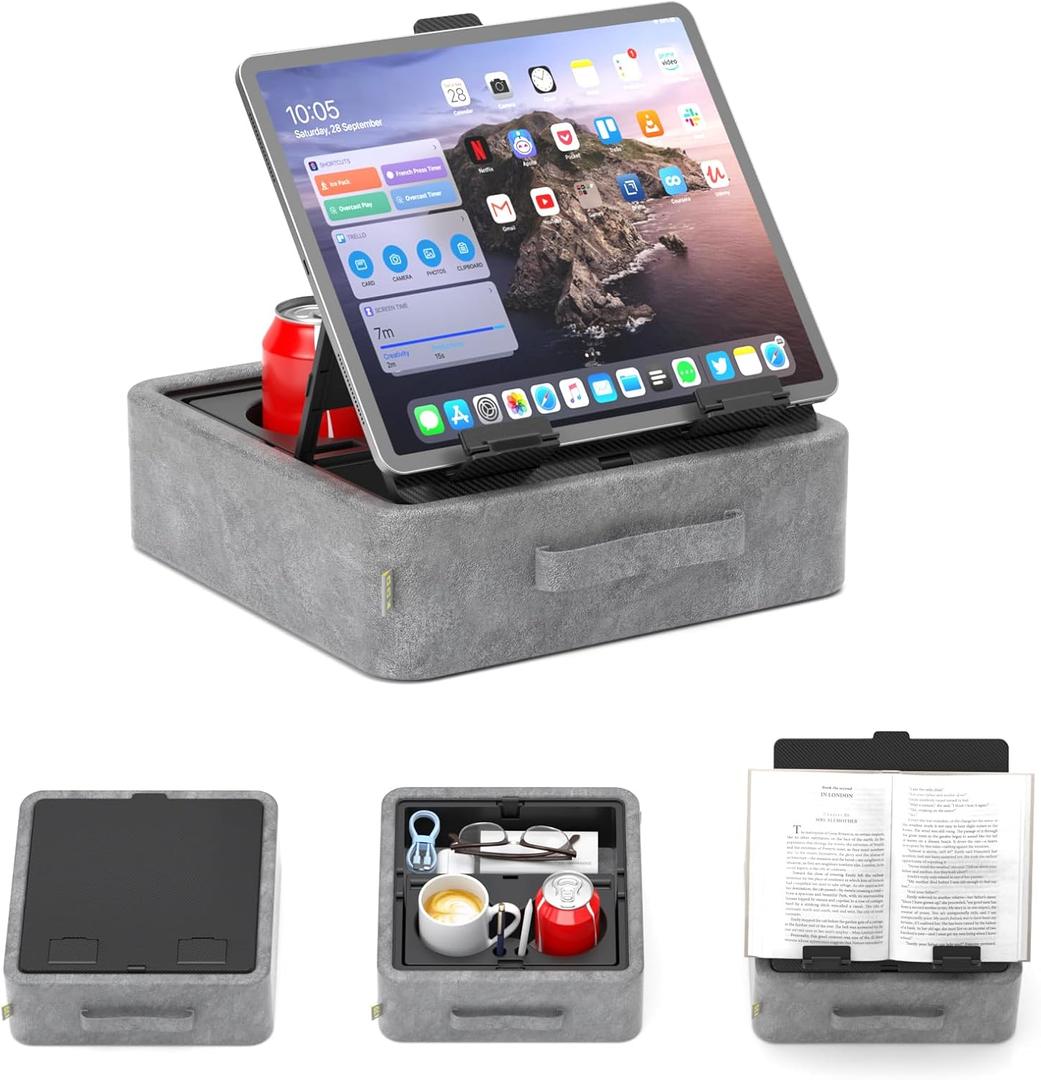 KDD 5 in 1 Tablet Pillow Holder, Foldable Book Stand for Reading with Storage Tray, Pen Slot and 2 Cup Holders, Adjustable iPad Stand for Lap, Bed, Desk and Couch Compatible with Tablet and Book